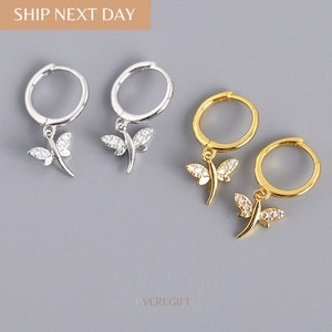 Dragonfly Hoop Earrings: 18k Gold Plated Sterling Silver