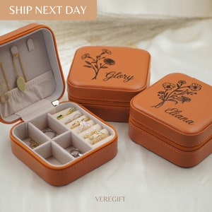 Engraved Leather Travel Jewelry Box: Personalized Birth Flower Keepsake