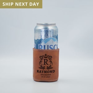 Personalized Vegan Leather Can Cooler: Engraved Groomsmen Gift