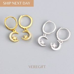 Star and Moon Hoop Earrings: 18k Gold Plated Sterling Silver