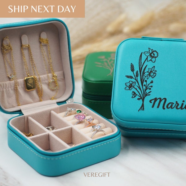 jewelry box, travel jewelry box, Birth Flower Jewelry Travel Case, Personalized Jewelry Travel Case, Travel Jewelry Case, Gift for her