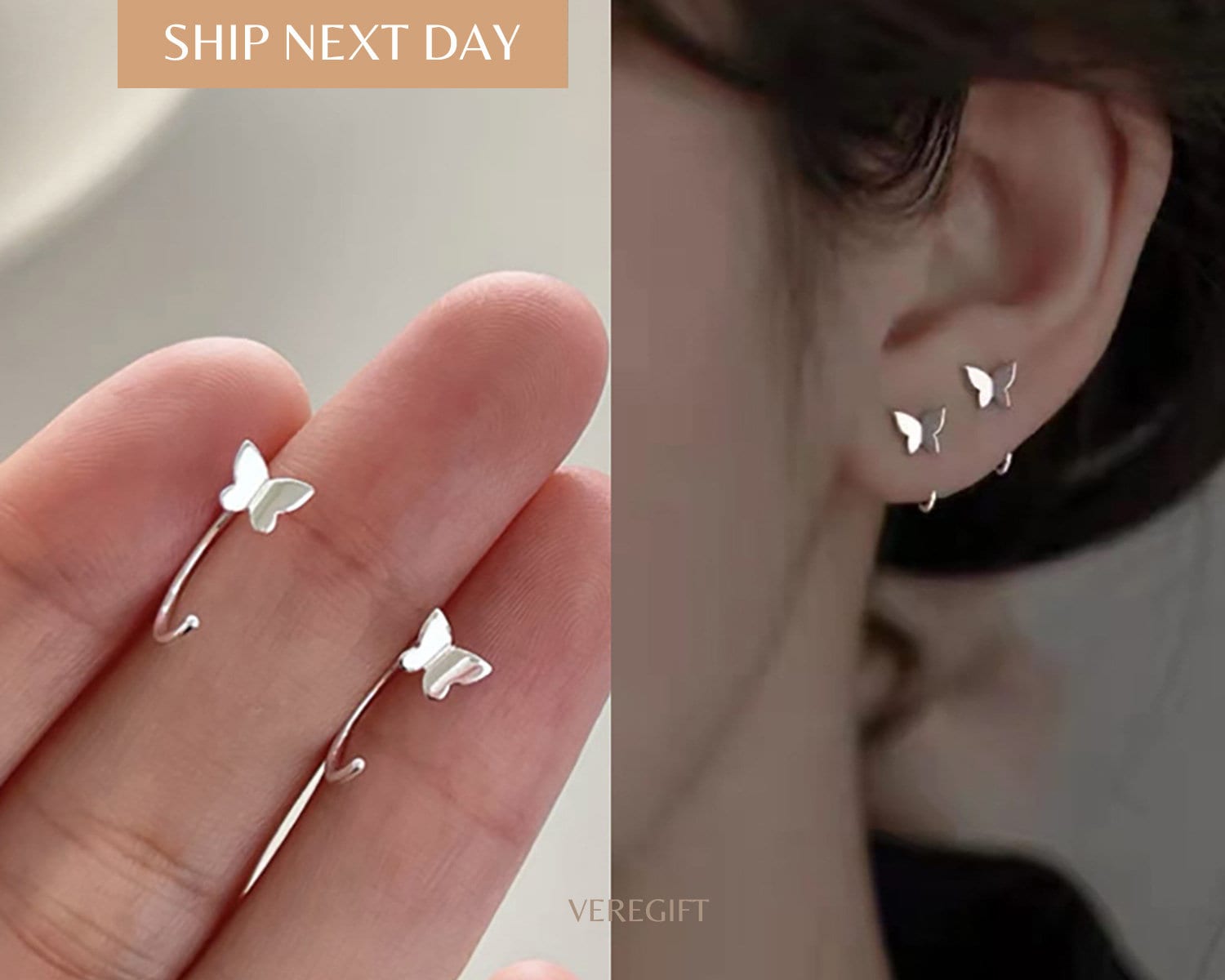 Minimalist Butterfly Sterling Silver Huggie Hoop Earrings - EH3016