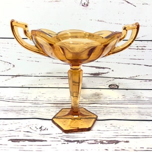 Vintage Mid Century Modern Golden Sunset Amber Double Handle Pedestal Glass Compote