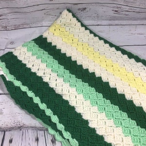 Vintage Stripe Afghan Throw Blanket 60X72 Inches Crocheted Shades Of Green White