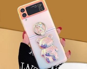 Korean Cute Rabbit Bear Phone Case For Samsung Galaxy Z Flip 5 4 3 Flip5  Flip3 Flip4 5G Cover with Chain Cartoon Hinge Cases