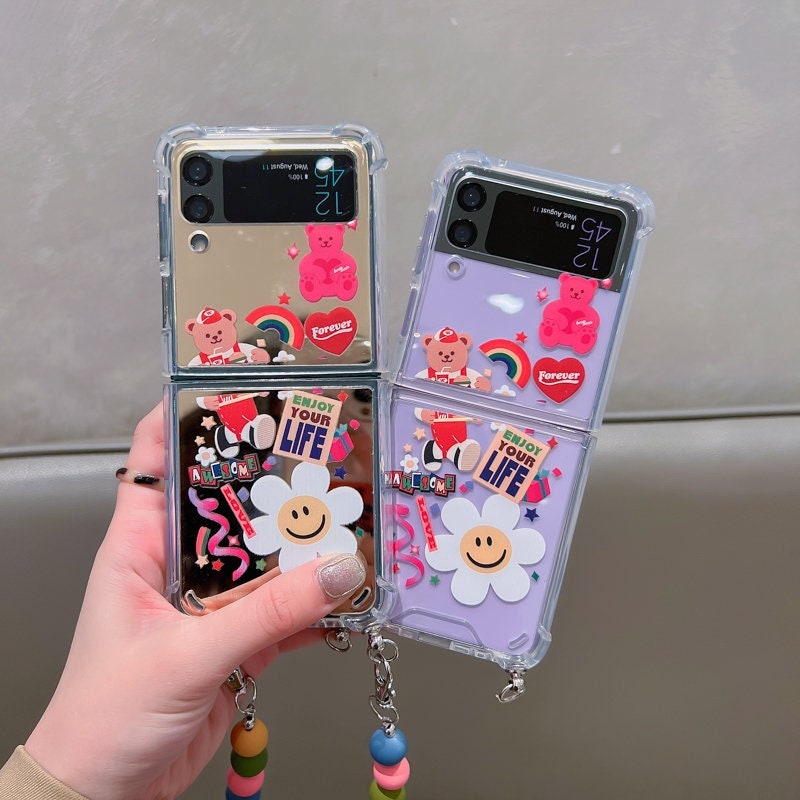 Lovely Kawaii Handmade Cute Girls Gift Cartoon Red 3D Ribbon Phone Case for Samsung Galaxy Z Flip 3 5G | Korean Classic with Plush Ring