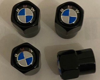 BMW Black with blue and white badge Dust/Valve Caps. Free post Set of 4.