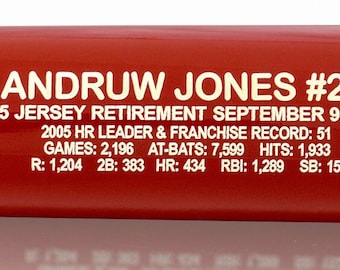 May include: A red and blue baseball bat with a white inscription commemorating Andruw Jones's jersey retirement. The inscription includes his jersey number, the date of the retirement, and his career statistics. The bat also features a photo of Jones in action.