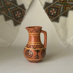 Clay jug. Soviet vintage tableware. Small ceramic jug with picture. Milk jug. Rustic decor.