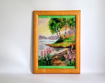 The picture is embroidered with beads. Handwork. Wall decor. Embroidered picture &quot;Birches by the river&quot;. Gift. Painting with beads.