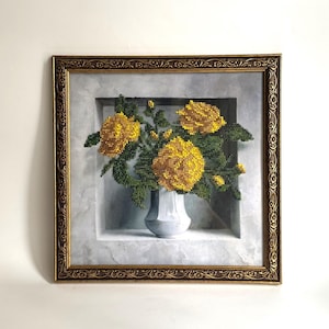 Painting &quot;Yellow Roses&quot; embroidered with beads. Handmade. Wall decor. Bead embroidery.