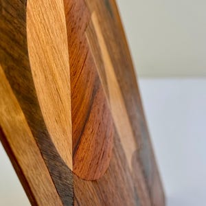 Peut inclure: Gros plan sur un objet d&eacute;coratif en bois avec un design g&eacute;om&eacute;trique. L'objet pr&eacute;sente une vari&eacute;t&eacute; de tons de bois, notamment brun clair, brun fonc&eacute; et brun rouge&acirc;tre, dispos&eacute;s en motif de mosa&iuml;que. Le design comprend des formes courbes et angulaires.