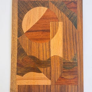 Mosaïque en placage de bois naturel. Fabriqué à la main selon la technique de la marqueterie (incrustation de bois). L'abstraction géométrique. Sculpture sur bois suspendue. image 3