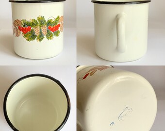 Tasse émaillée Vintage URSS Années 80 - Métal Blanc Motif Floral - état Très Bon