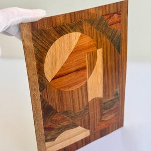 Peut inclure: &OElig;uvre d'art g&eacute;om&eacute;trique en bois avec un motif circulaire et des formes rectangulaires. L'&oelig;uvre est compos&eacute;e de diff&eacute;rentes nuances de bois, notamment des bruns clairs et fonc&eacute;s. L'&oelig;uvre est tenue par une main gant&eacute;e.