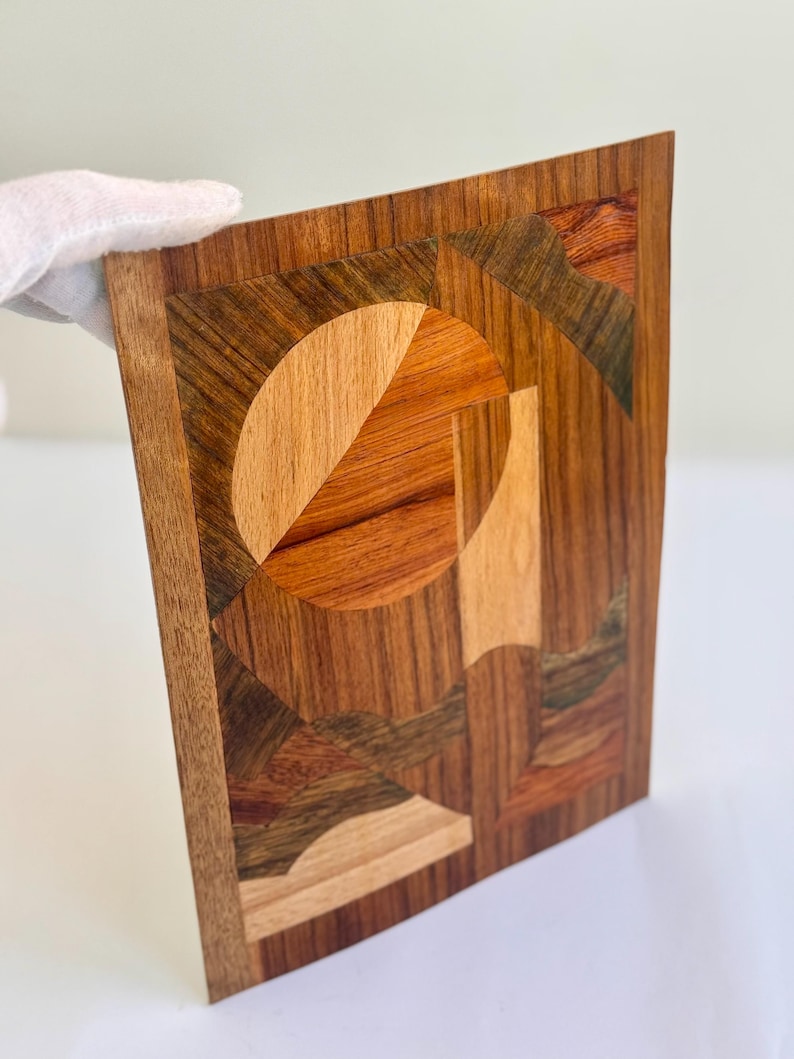 Peut inclure: &OElig;uvre d'art g&eacute;om&eacute;trique en bois avec un motif circulaire et des formes rectangulaires. L'&oelig;uvre est compos&eacute;e de diff&eacute;rentes nuances de bois, notamment des bruns clairs et fonc&eacute;s. L'&oelig;uvre est tenue par une main gant&eacute;e.