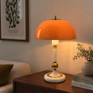 Vintage Soviet mushroom-shaped lamp. Orange table lamp. Space Age style. USSR, 1970s. Retro plastic table lamp. Home and kitchen decor.