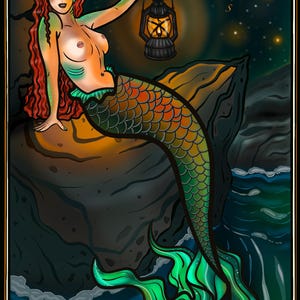 May include: Illustration of a mermaid with red hair and a green tail, holding a lantern. The mermaid is sitting on a rock near the ocean. The background features a starry night sky and a compass rose.