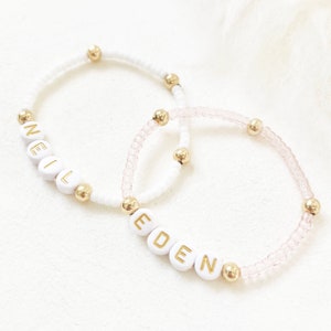 Personalised Pink or White Glass Beads Bracelet 24k Shiny Gold Plated Beads 925 sterling silver Beads Custom Name Mother's Day Gift image 1