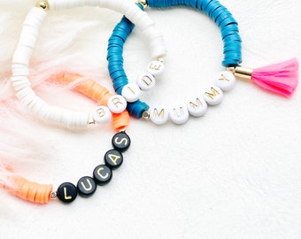 Pulsera de la amistad Heishi con nombre personalizado: pulsera de cuentas chapada en oro de 24 k, cuentas Heishi