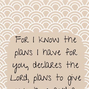 May include: A beige background with a white pattern of overlapping semi-circles. The text "FOR I KNOW the plans I have for you, declares the Lord, plans to give you hope and a future" is written in black cursive.