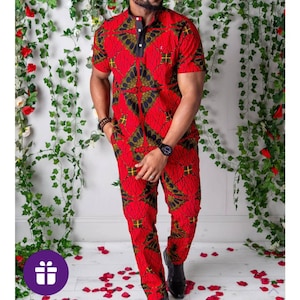 Lekan short sleeve shirt with matching trouser, African shirt and pants for men, wedding clothing for men