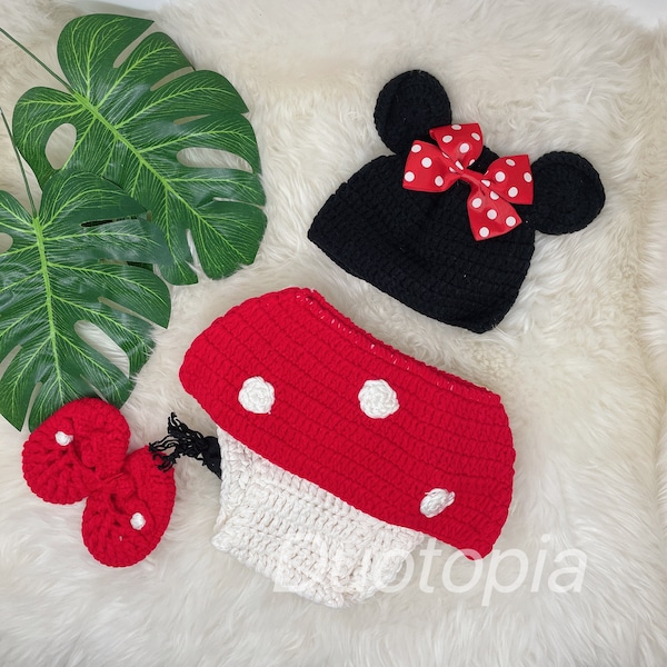 Minni Mouse Infant Newborn Baby Outfit | Beanie Hat Pants Crochet Photography | Photo Prop for Baby's First Picture