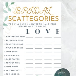 Bridal Scattegories Bridal Shower Party Activity