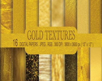 May include: A set of 16 digital papers featuring gold textures. The papers are 3600 x 3600 pixels (12 inches by 12 inches) and are 300 DPI.