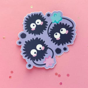 May include: Three fuzzy, black and white, cartoon characters with large eyes and pink cheeks. The characters are connected by thin black lines and are on a purple background.