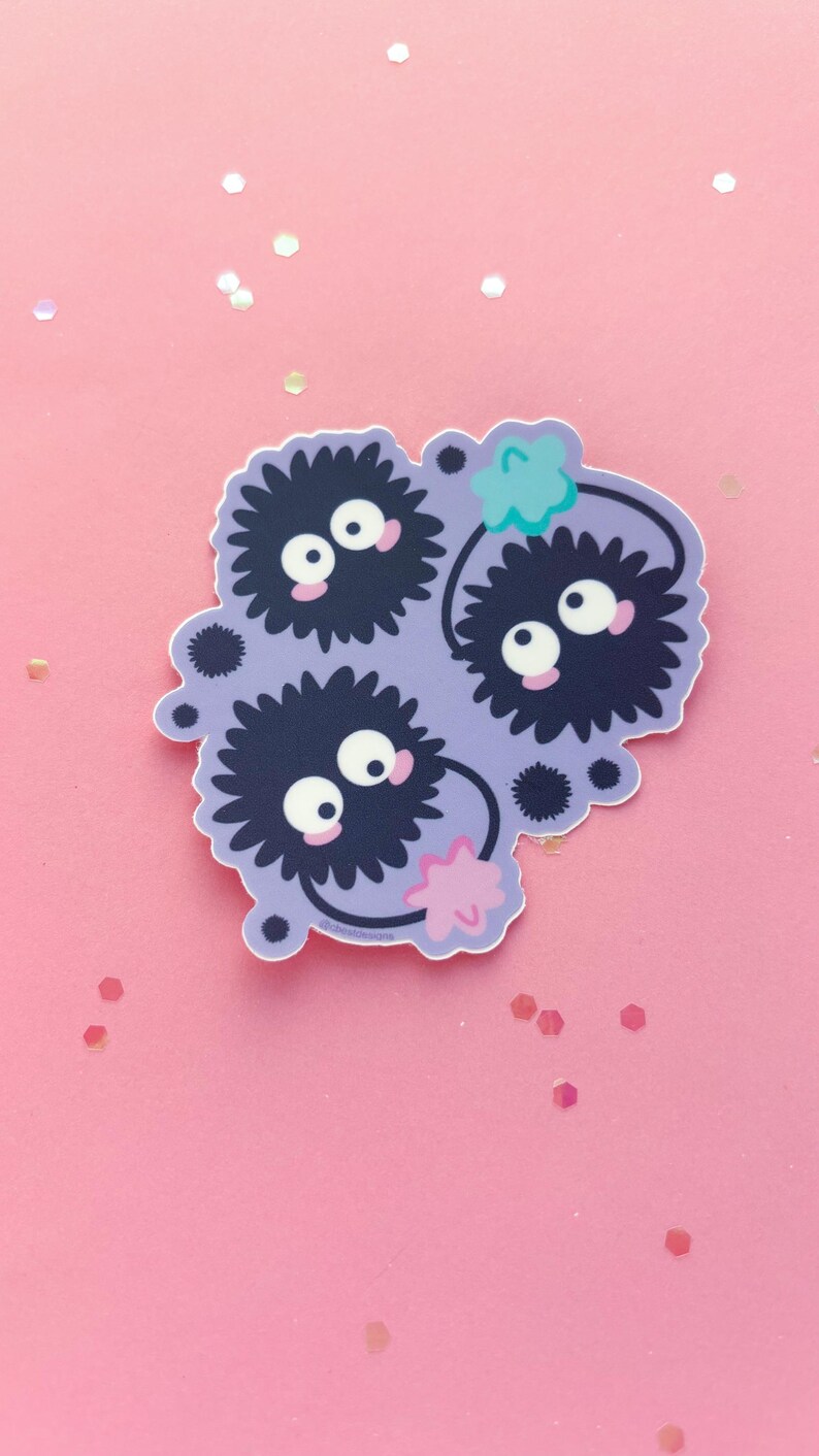 May include: Three fuzzy, black and white, cartoon characters with large eyes and pink cheeks. The characters are connected by thin black lines and are on a purple background.