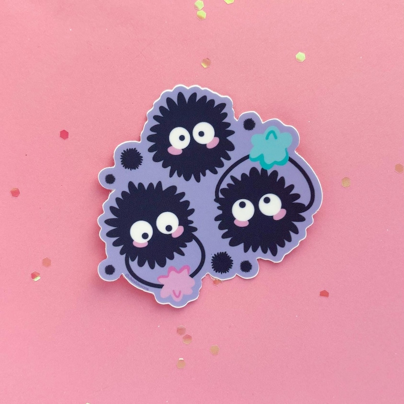 May include: Three black and white fuzzy creatures with large eyes and pink cheeks. The creatures are holding hands and are surrounded by a purple background.