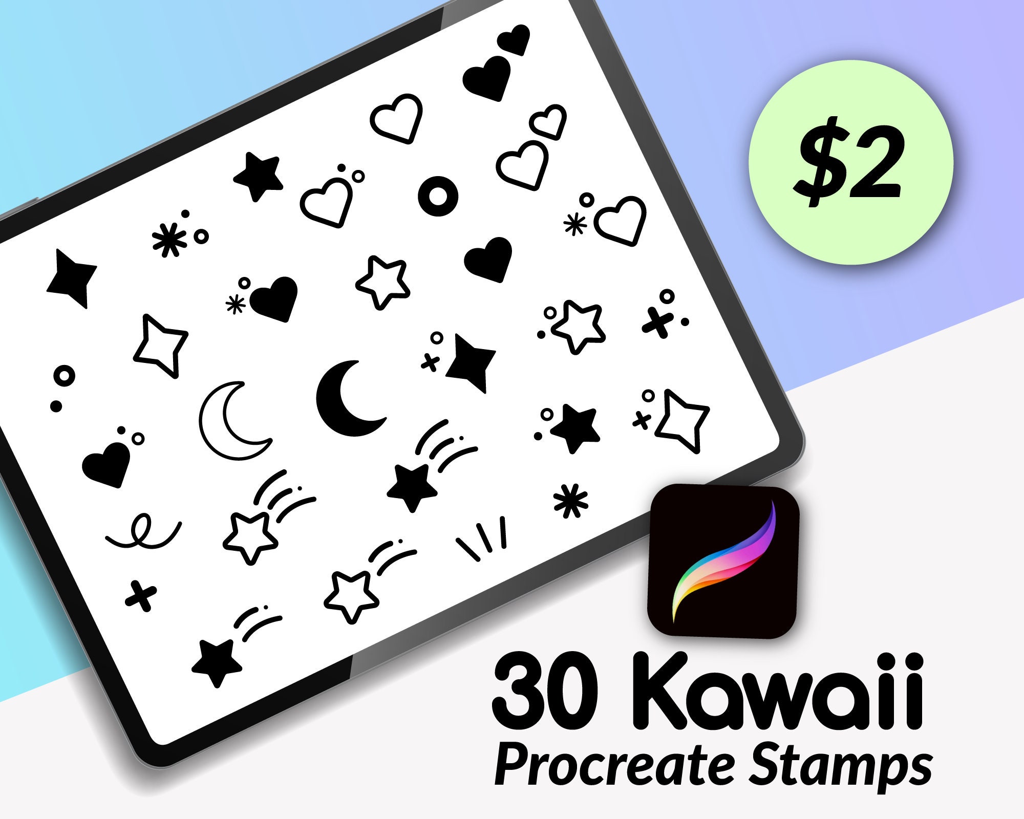 30 Kawaii Procreate Stamp Brushes – Cute Cartoon Icons for iPad Illustration