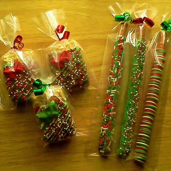 Christmas Themed Chocolate Covered Rice Krispies Treats & Pretzel Rods