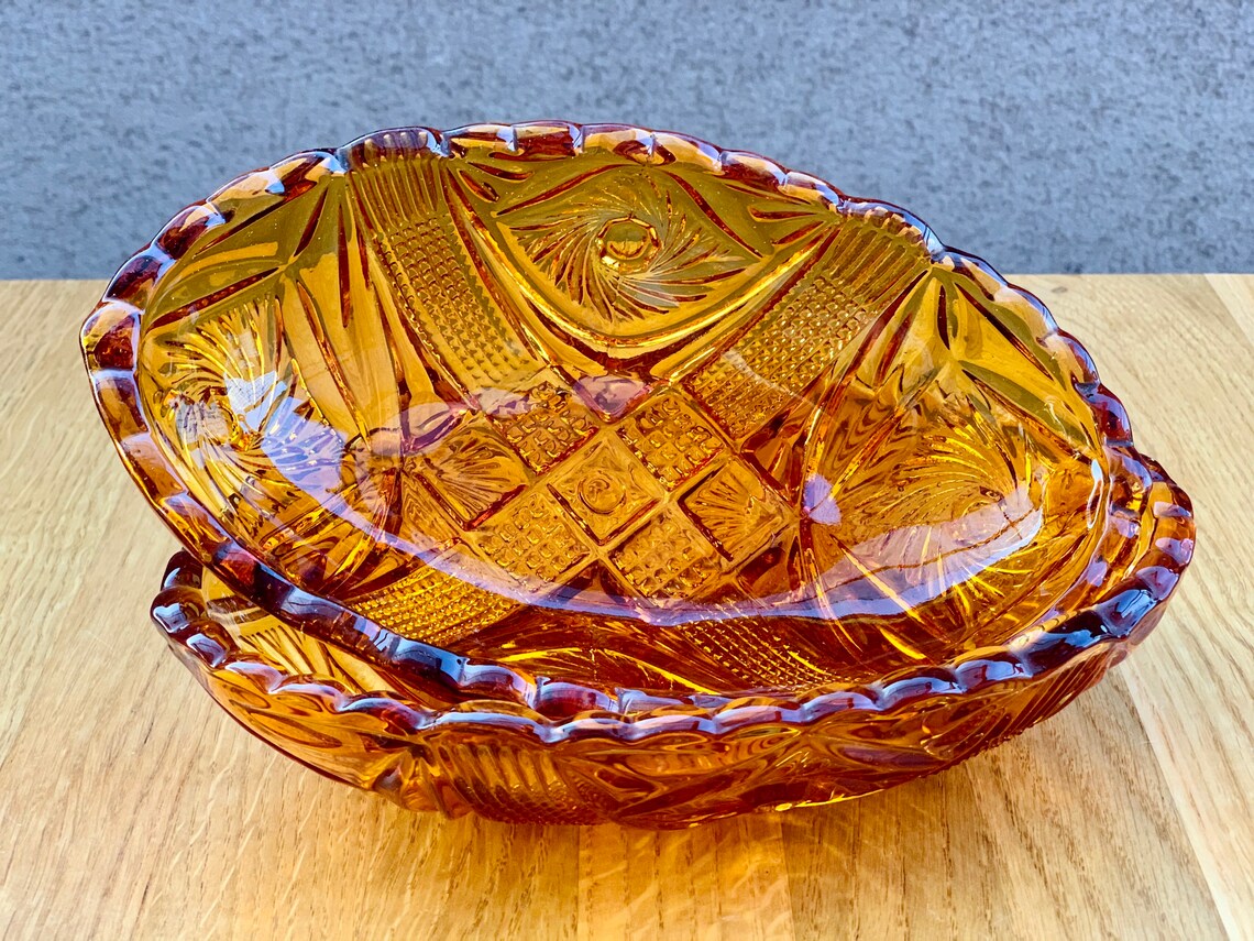 Amber Glass Serving Platter Bowl Set of 2 Oval Amer Glass Etsy