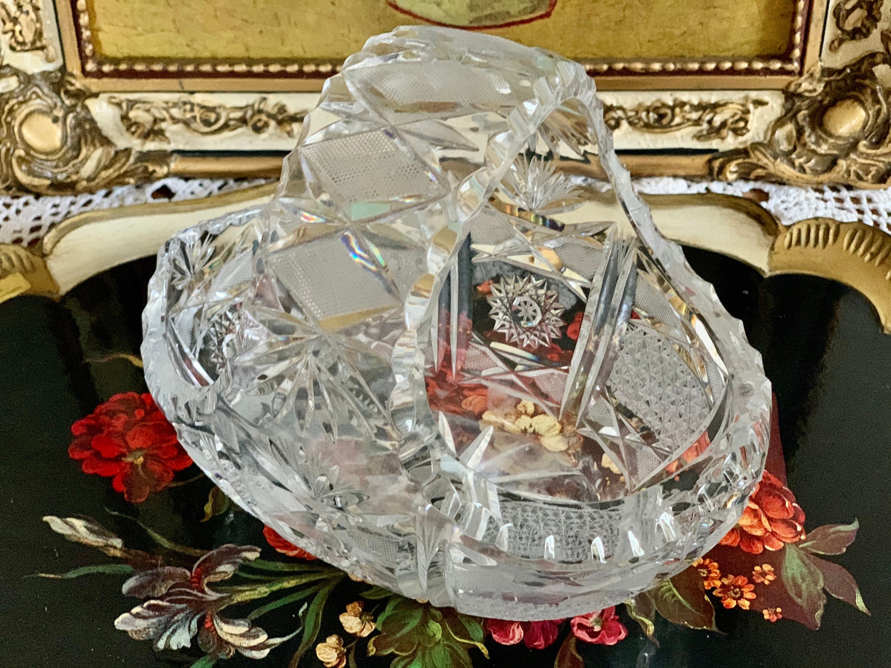 Vintage Crystal Basket Hand Cut Crystal Basket 50s Crystal Etsy