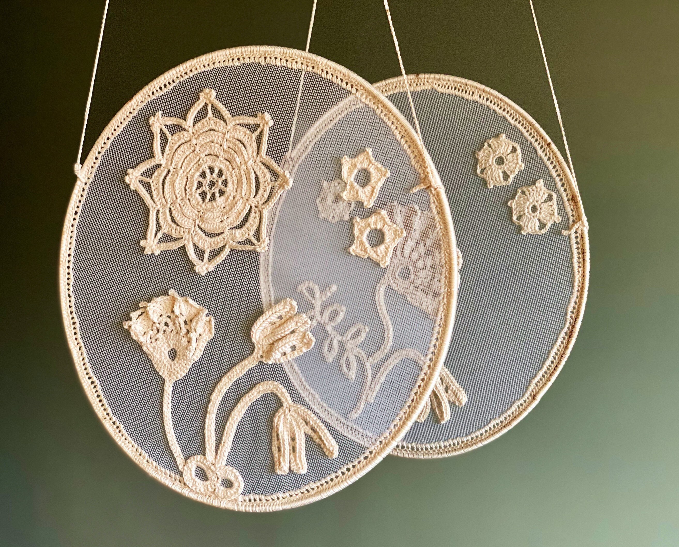 Vintage Wall Decor Embroidered Flowers Set of 2 Round Etsy