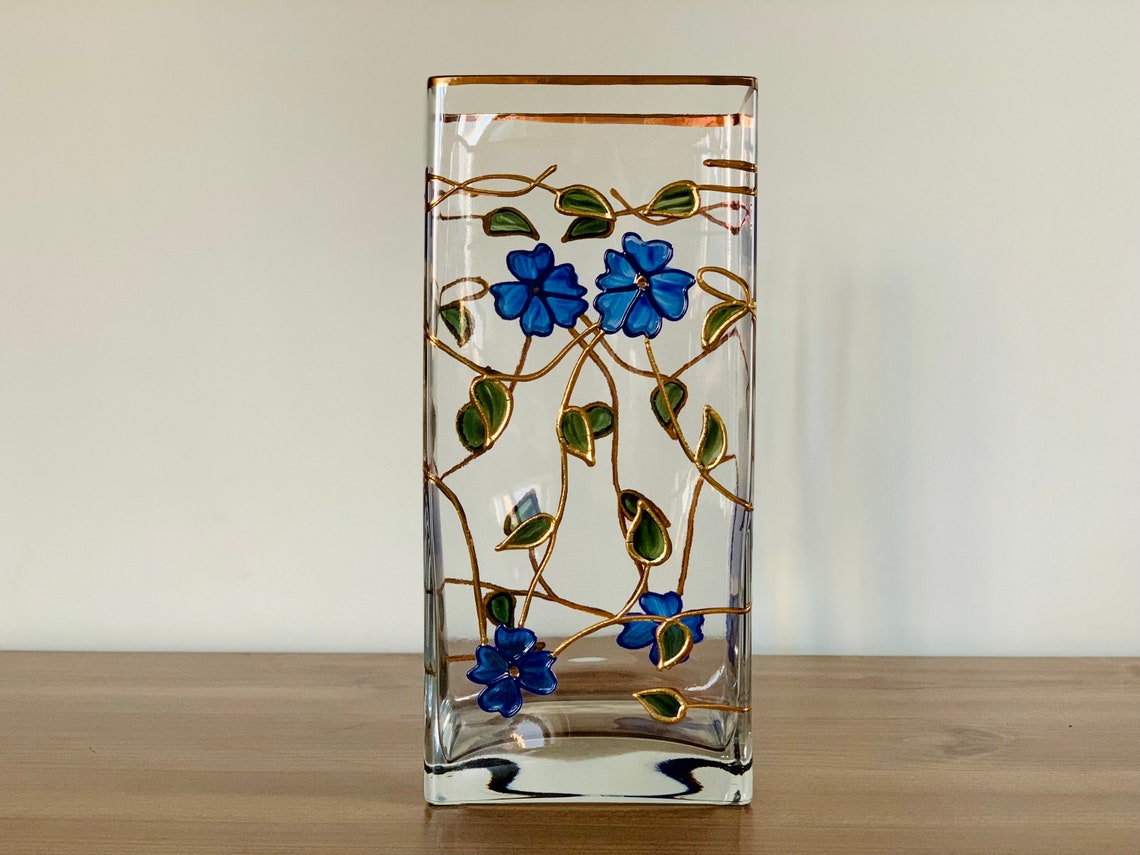 Vintage Rectangular Glass Vase Gold Trim Blue Gold Flowers Etsy