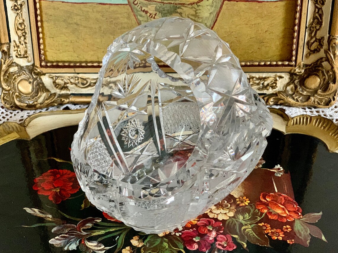 Vintage Crystal Basket Hand Cut Crystal Basket 50s Crystal Etsy