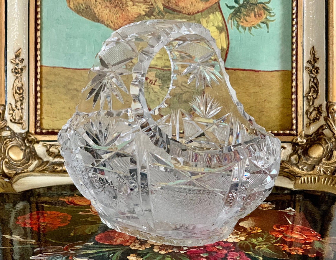 Vintage Crystal Basket Hand Cut Crystal Basket 50s Crystal Etsy