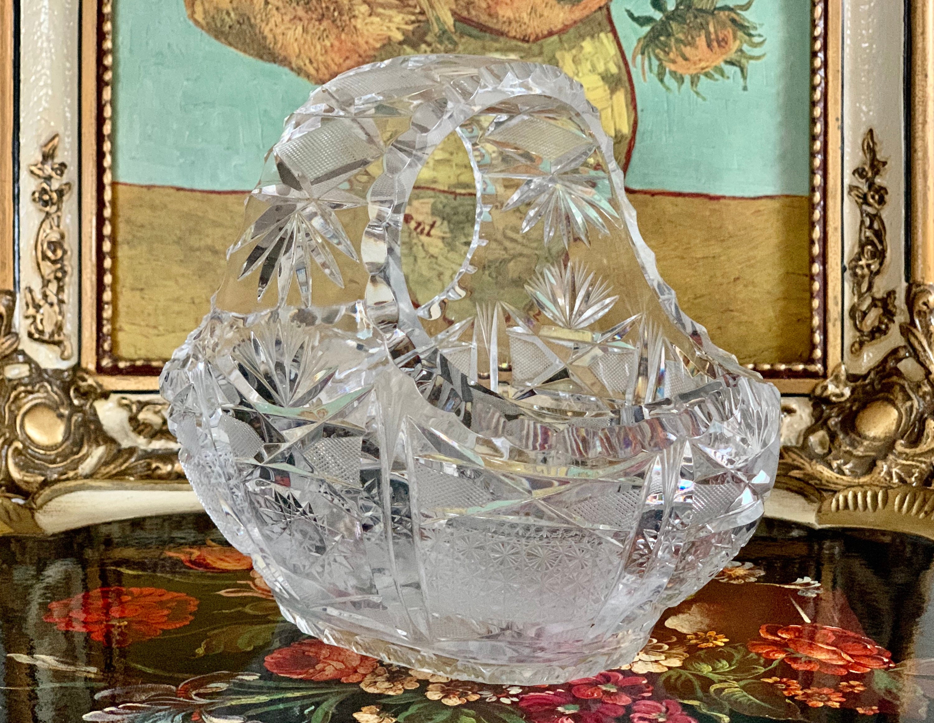 Vintage Crystal Basket Hand Cut Crystal Basket 50s Crystal Etsy