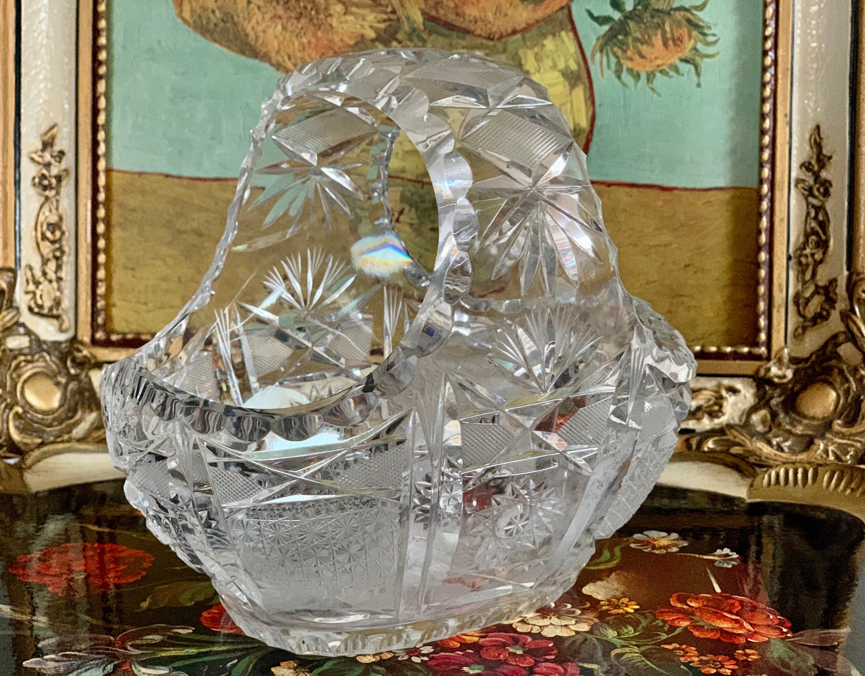 Vintage Crystal Basket Hand Cut Crystal Basket 50s Crystal Etsy