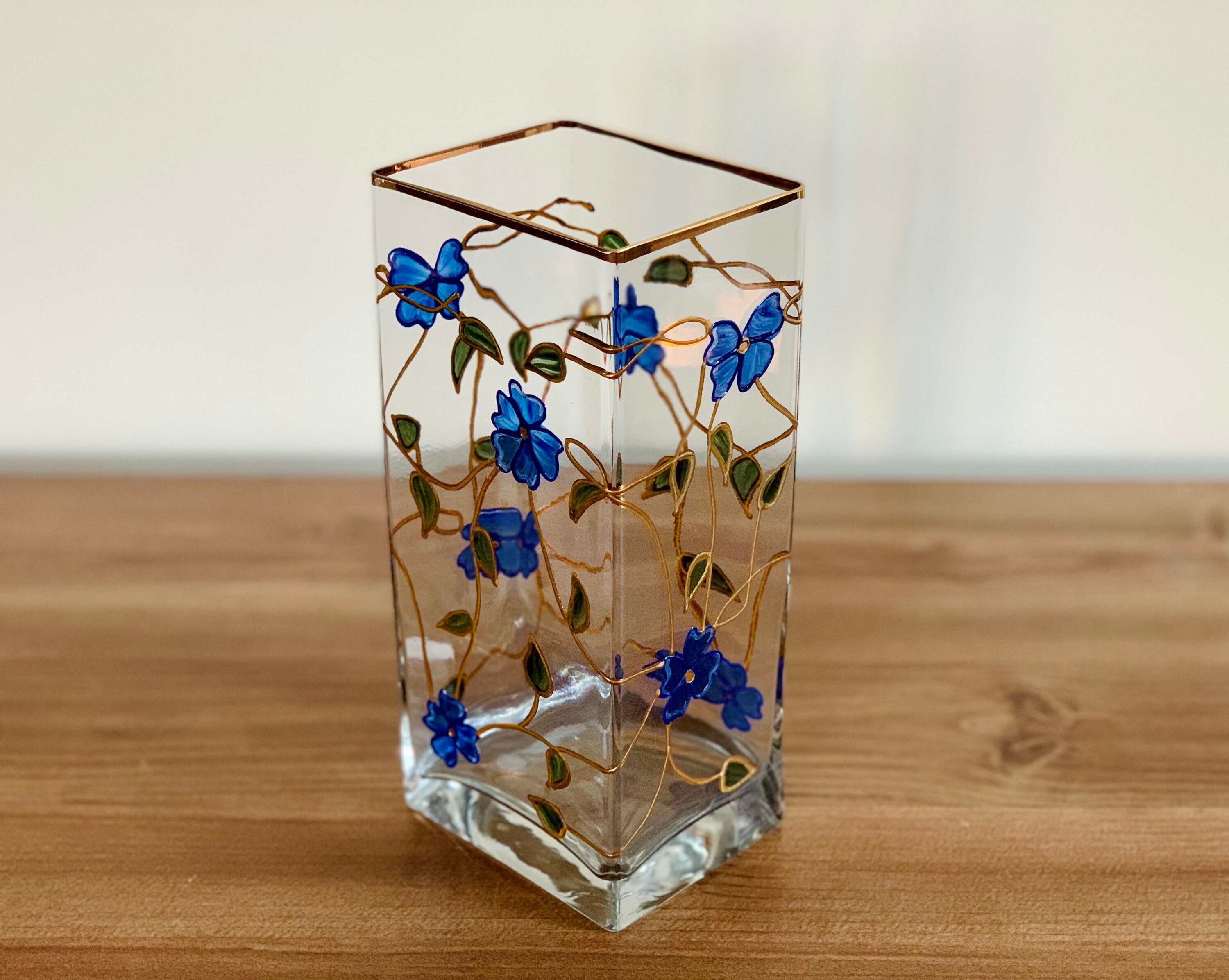 Vintage Rectangular Glass Vase Gold Trim Blue Gold Flowers Etsy