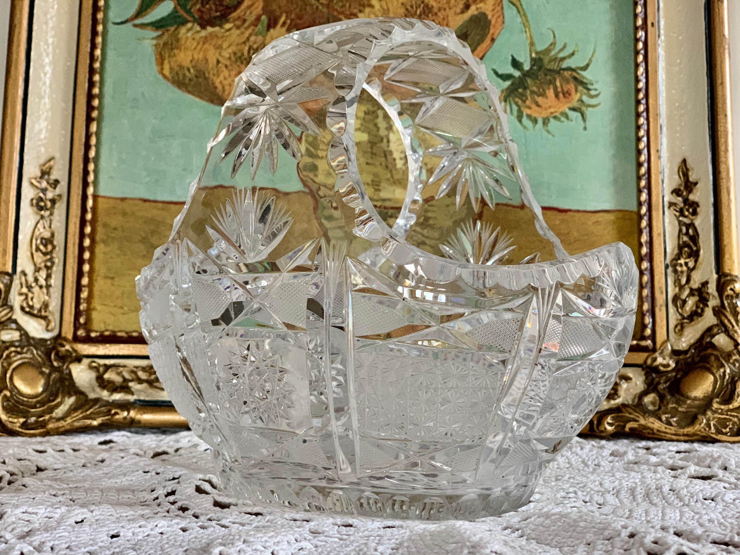 Vintage Crystal Basket Hand Cut Crystal Basket 50s Crystal Etsy