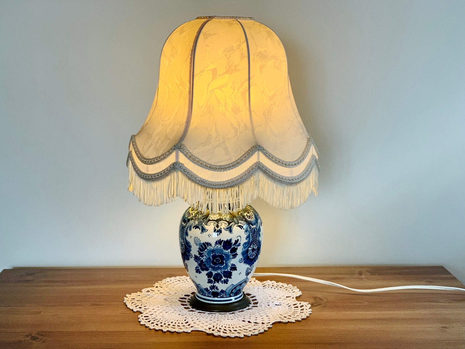 DELFT Table Lamp Fringed Lampshade Unique DELFT Porcelain Etsy
