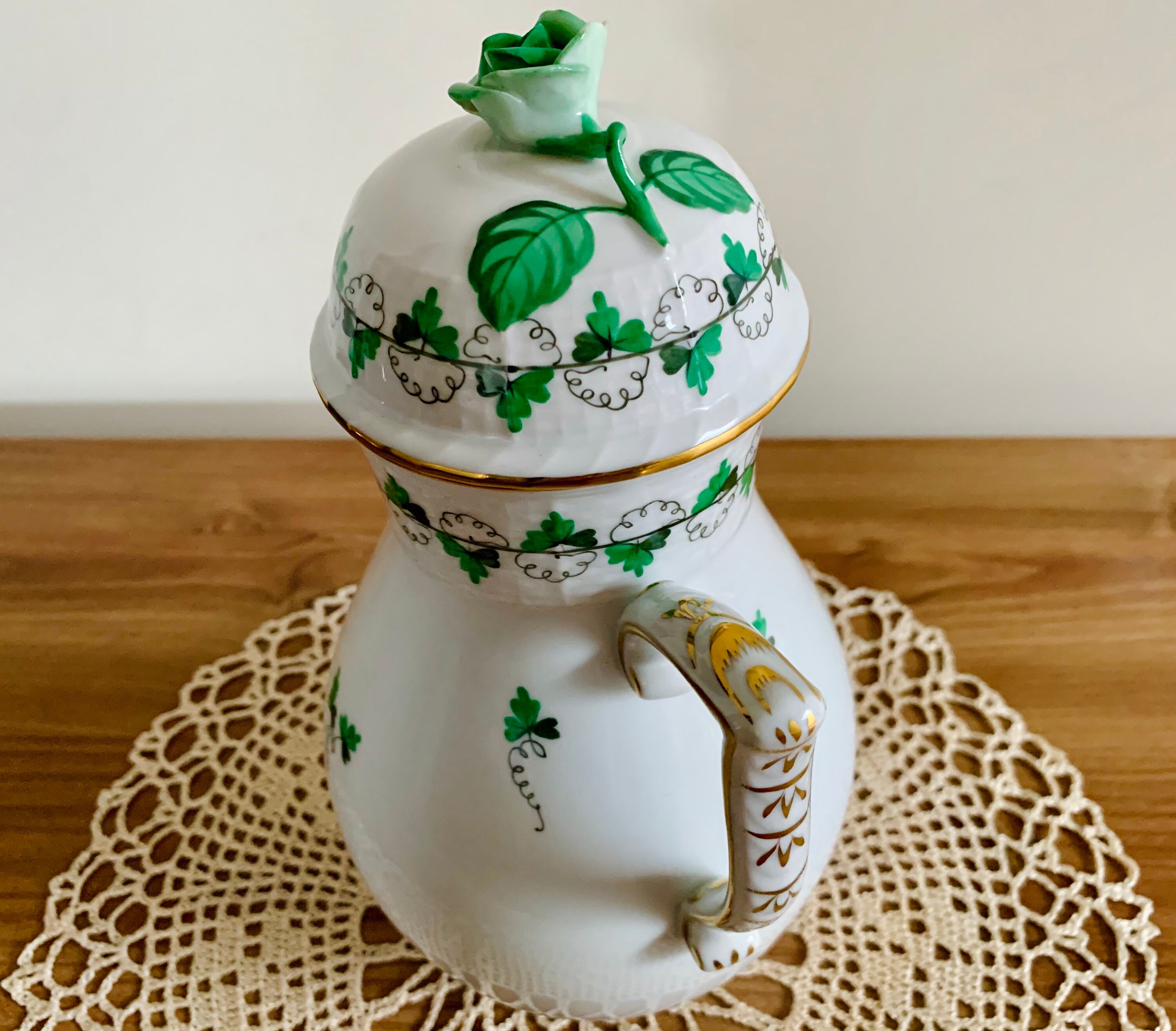 HEREND Porcelain Teapot with Lid Green Rose HEREND Large Etsy