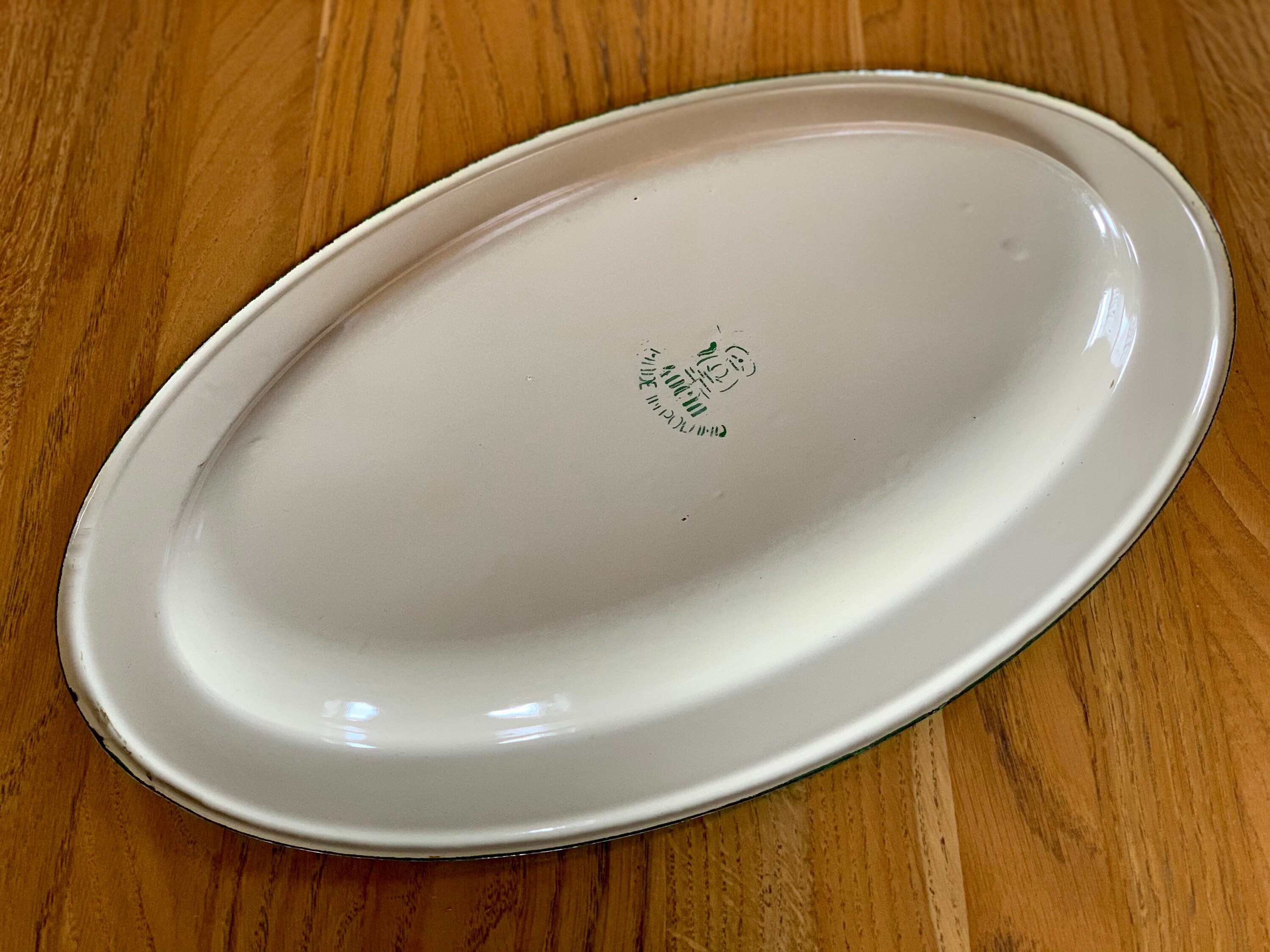 Large Vintage Enamel Oval Tray Light Beige With Green Trim Etsy UK