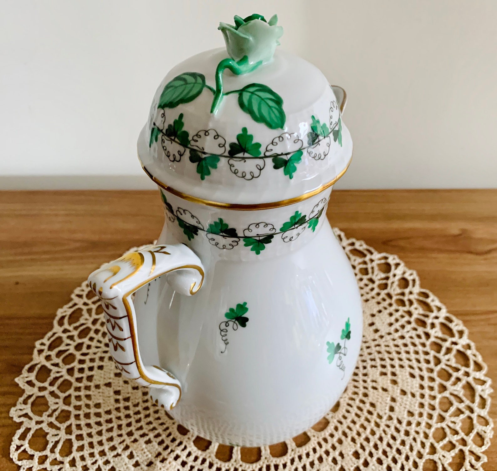 HEREND Porcelain Teapot with Lid Green Rose HEREND Large Etsy