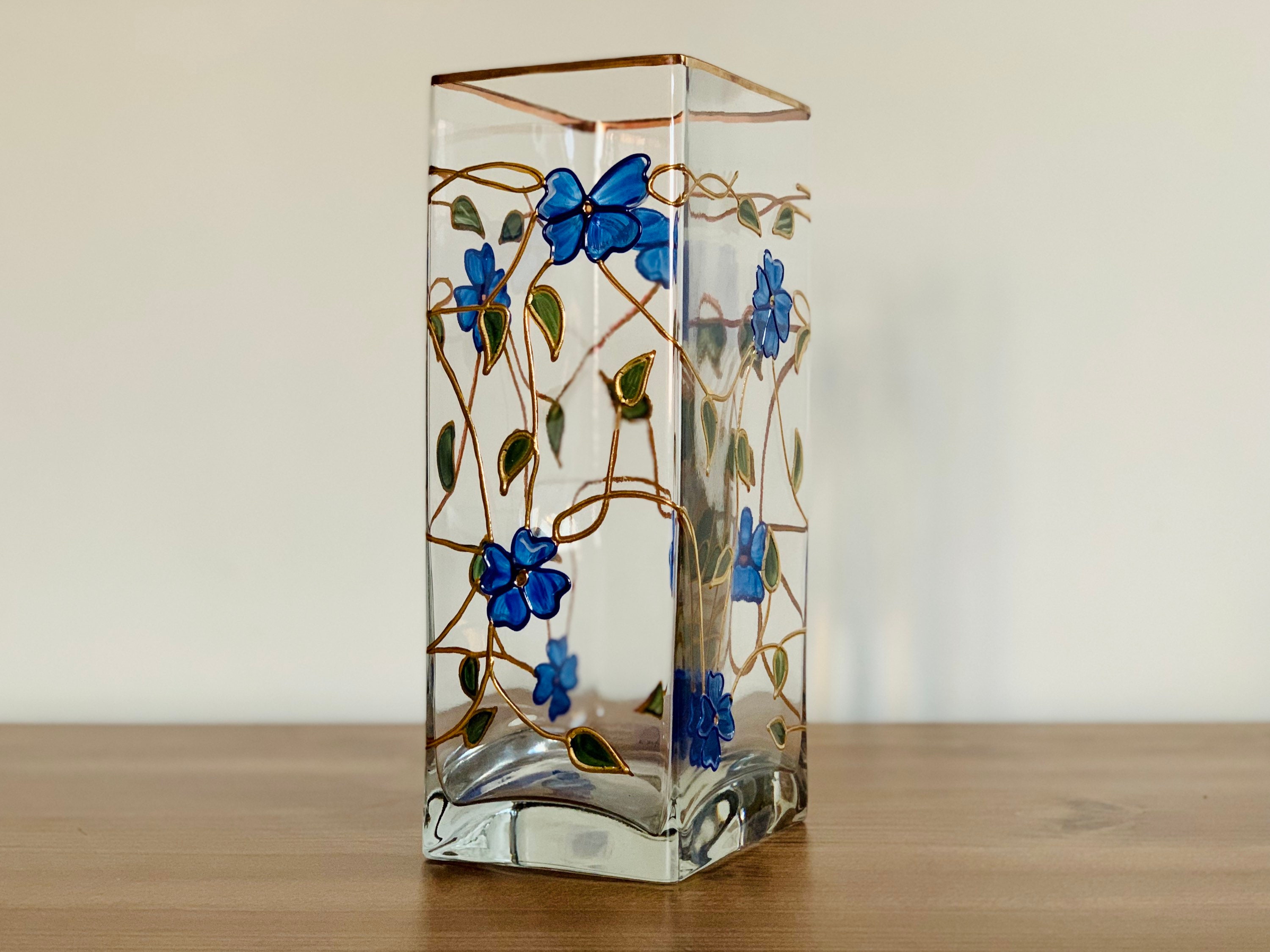 Vintage Rectangular Glass Vase Gold Trim Blue Gold Flowers Etsy