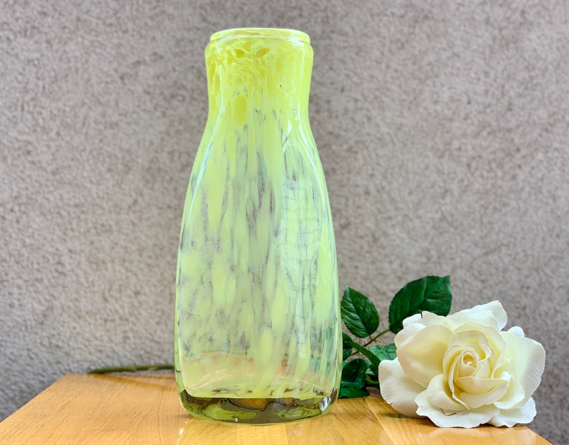 Vintage Yellow Art Glass Vase Large Spotted Glass Vase Etsy